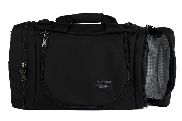 A Black Ballistic Aeronaut 45 with the End Pocket open showing the Northwest Sky (light-grey) Halcyon.